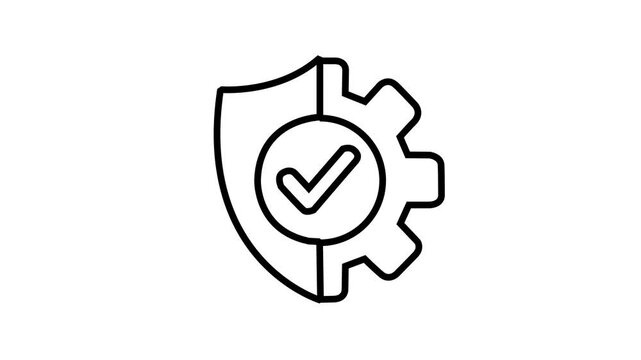Cyber Security and System Maintenance Icon Animation: Black Line Shield, Gear, and Checkmark Representing Data Protection, Software Updates, Technical Support, and Verified Privacy Settings.