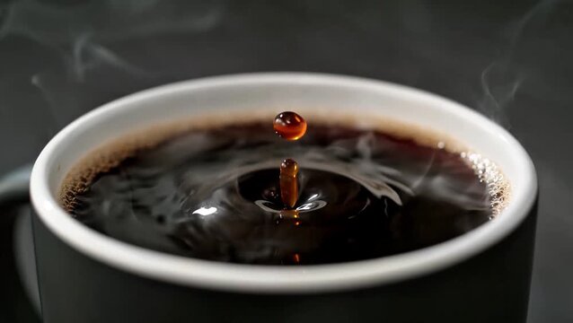 Macro Shot of Fresh Coffee Drop Falling into Black Cup