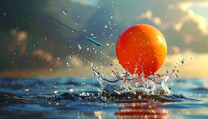 Orange ball impacting water, creating splash with droplets, against colorful sunset sky, blurred background