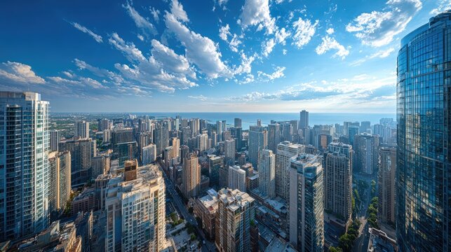 Expansive view from a rooftop showing a sea of reflective skyscrapers extending into the horizon representing endless business opportunities