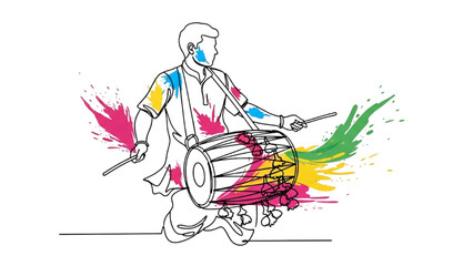 High-quality black continuous line art of a traditional dhol drum played by a man during Holi, minimalist festive illustration