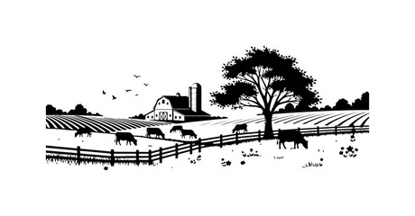 Fototapeta premium Rustic Farm Scene with Cows and Barn