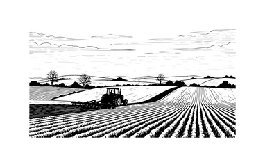Vintage Tractor Plowing Rows in Agricultural Field