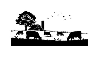 Rural Farm Scene with Cows and Silo Silhouette