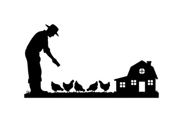 Farm Life Silhouette: Man Feeding Chickens Near Barn