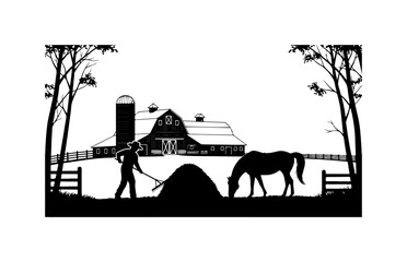 Obraz premium Rural Silhouette: Farmer Tending Horse Near Barn