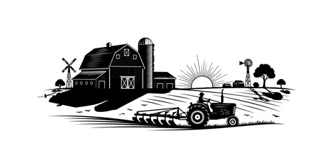 Rural Farm Life with Tractor and Barn at Sunset