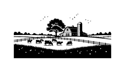 Rustic Farm Scene with Cows and Barn Silhouette