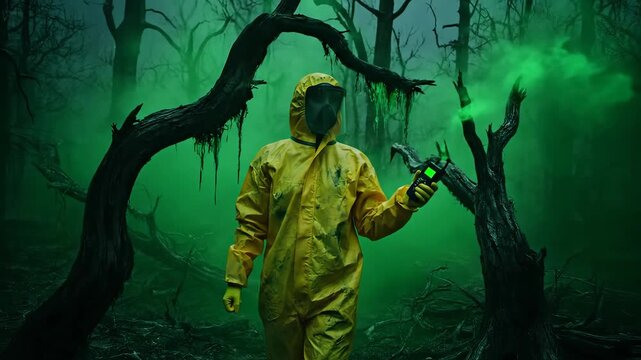 Survivor in yellow protective hazmat suit and gas mask explores dead forest filled with poisonous green smoke. Concept of nuclear fallout, biohazard, and environmental pollution