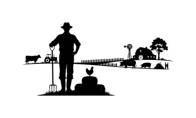 Rural Farmer Silhouette with Farm Animals and Equipment