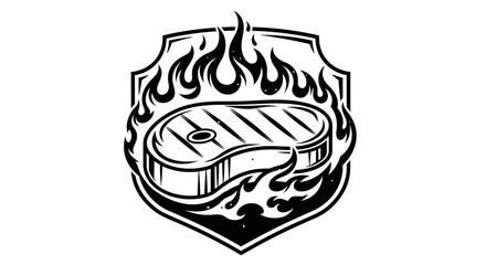 Grilled Steak Emblem with Flames and Shield.