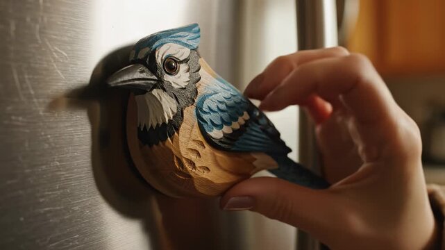 Hand Places Handcrafted Wooden Blue Jay Magnet on Refrigerator Door