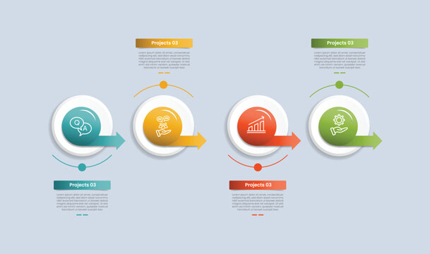 4 points infographic with glossy gradient style with circle with arrow on right direction with up and down content with four segment information