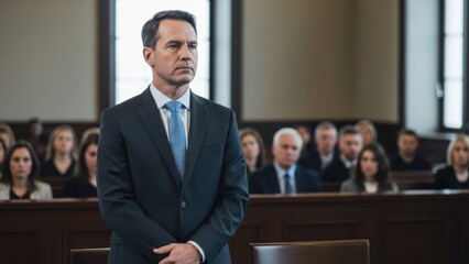 Fototapeta premium Man in suit standing confidently in a crowded courtroom with blurred audience in the background