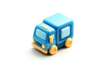 A 3D rendered cartoonish delivery truck with a blue body and orange wheels on white background