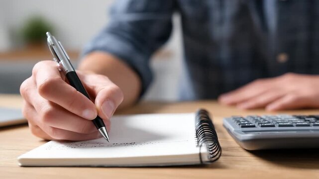 A man writes in a notebook with a pen while using a calculator on a table.