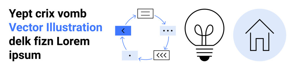 Obraz na płótnie Canvas Innovation, workflow design, creative thinking, process cycle, home solutions, infographic design. Circular process workflow, light bulb and house icon. Innovation and workflow design concept