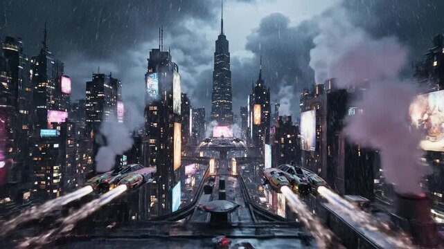 Rainy cyberpunk city with hovercars and an Asian billboard