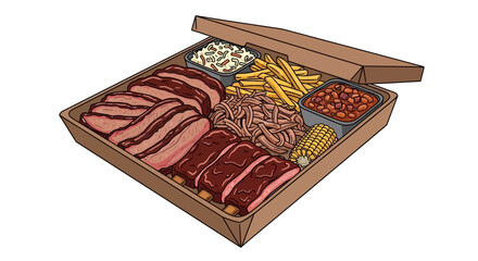 Assorted barbecue meats and sides in a cardboard box.