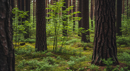 Fototapeta premium A tranquil scene deep inside a northern forest with sunlit saplings among towering pine trees and a mossy undergrowth
