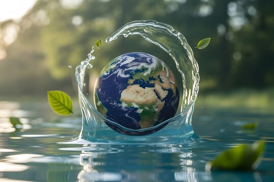 Earth globe surrounded by water splash and leaves in nature