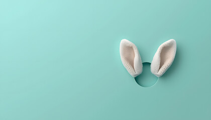 White bunny ears peeking out of hole: Minimalist Easter background on mint green