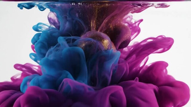 Abstract purple and blue ink dropping in water, slow motion liquid smoke explosion, isolated on white background
