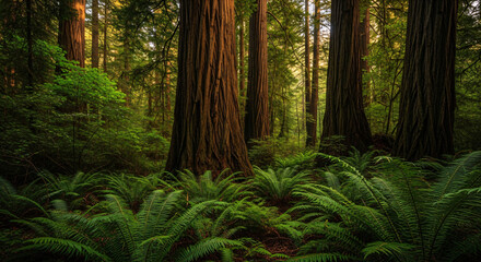 Obraz premium Tall trees surrounded by lush green ferns in a serene forest landscape viewed from a low angle, download (22).jpg