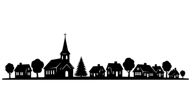 Black silhouette village skyline with church steeple houses and trees vector isolated on white background