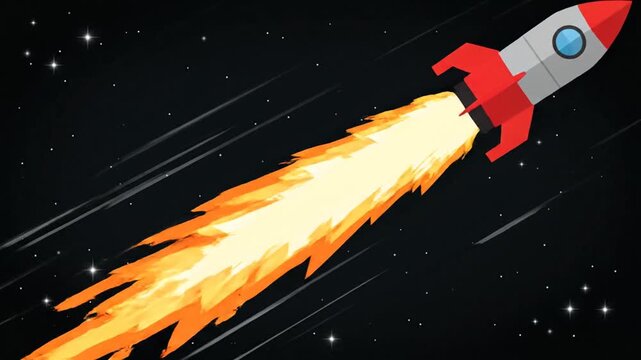 A cartoon rocket ship soaring through the starry night sky with flames and sparks trailing behind