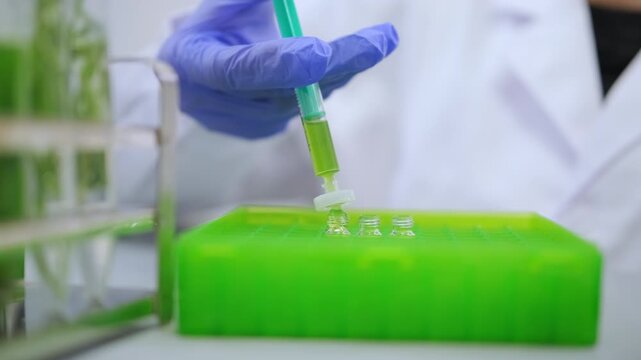 Close up of filtering plant extract through disposable syringe filter into HPLC vial. Phytochemical analysis, laboratory testing and supplement quality control concept.
