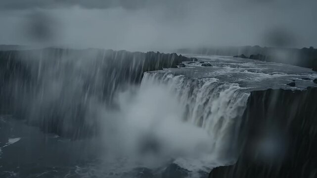 A powerful waterfall cascades over a sheer cliff face into a misty abyss