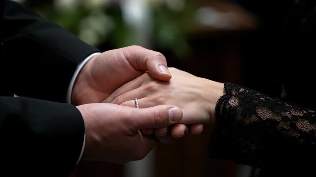 Close-up view of man in suit holding the hand of woman in black lace dress to offer comfort and support. Mourning couple at funeral service or memorial ceremony showing sympathy and love