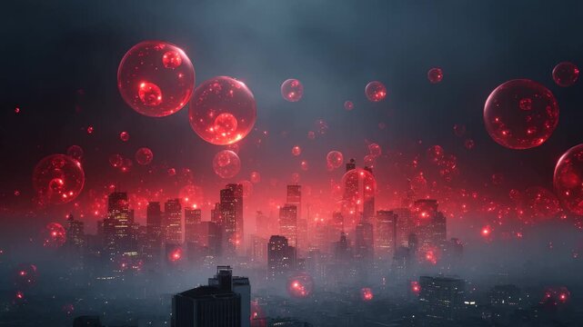 A red moon rises over a city skyline, casting a warm glow on the buildings below against a darkening sky.
