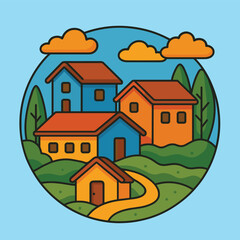 Fototapeta premium Several colorful houses cluster together on rolling green hills under a bright blue sky with orange clouds in a circular frame.