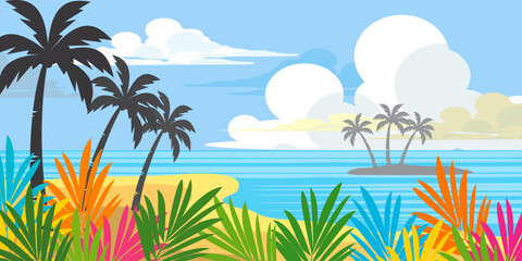 A fun "Hello Summer" background, a beach scene illustration with exotic jungle foliage, a colorful design. Summer banner.