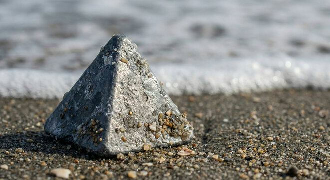 Pyramid fishing sinker resting on wet beach sand