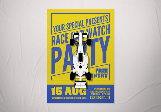 Yellow & Blue Race Car Watch Party Event Flyer