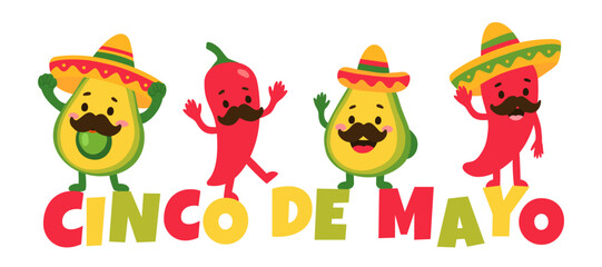 Fototapeta premium Cinco de Mayo Dancing Avocado and Chili Pepper Characters in Sombreros Vector Illustration