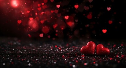 Obraz premium Two red hearts surrounded by sparkling hearts on a dark romantic background for valentines day