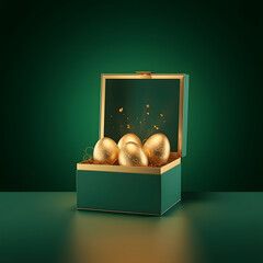 Luxury Easter golden eggs: Open emerald green gift box with magic glowing dust