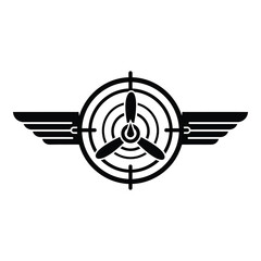 Black and white illustration of airplane propeller with wings  symbol icon © designers