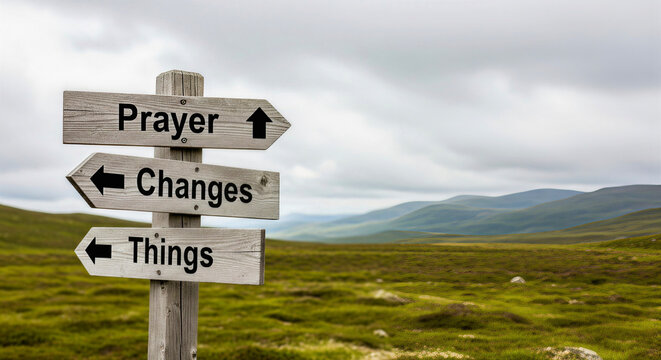 Wooden signpost with three arrows pointing in different directions: Prayer, Changes, Things