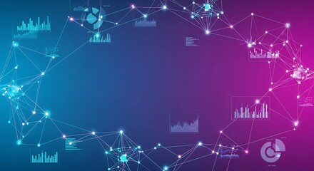 Fototapeta premium Vibrant technological background showcasing a complex data network with various interconnected nodes and analytical charts for modern digital concepts