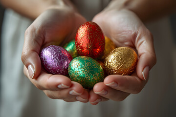 Hands holding colorful foil Easter eggs: Close up of woman with chocolate treats