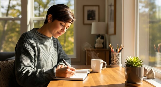 Young woman writing in a journal by the window with natural light