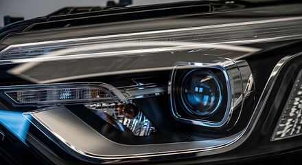 Fototapeta premium Close-up of a modern car headlight with intricate details and a blue glow