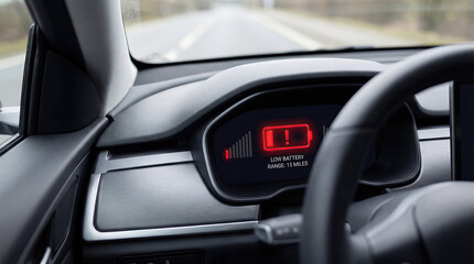 Obraz premium Electric Vehicle Range Anxiety With Low Battery Warning on Dashboard