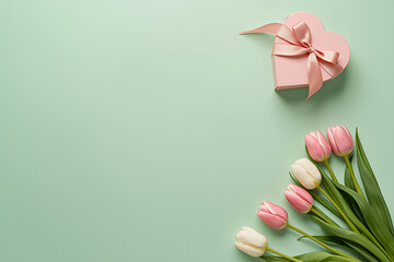 Mother's Day gift concept: Pink tulips bouquet and heart shaped box on mint green background