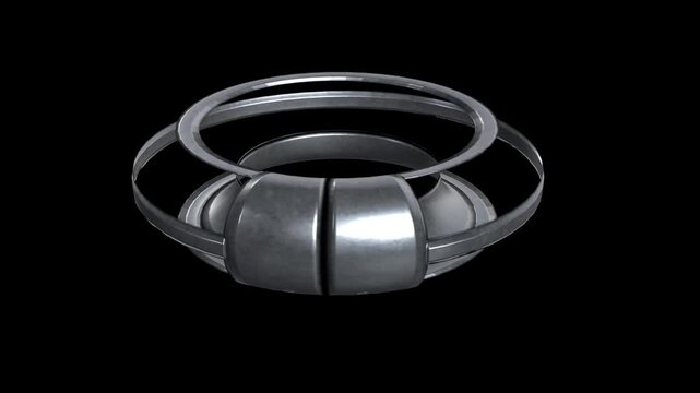 Abstract metallic gyroscope rotating on black background